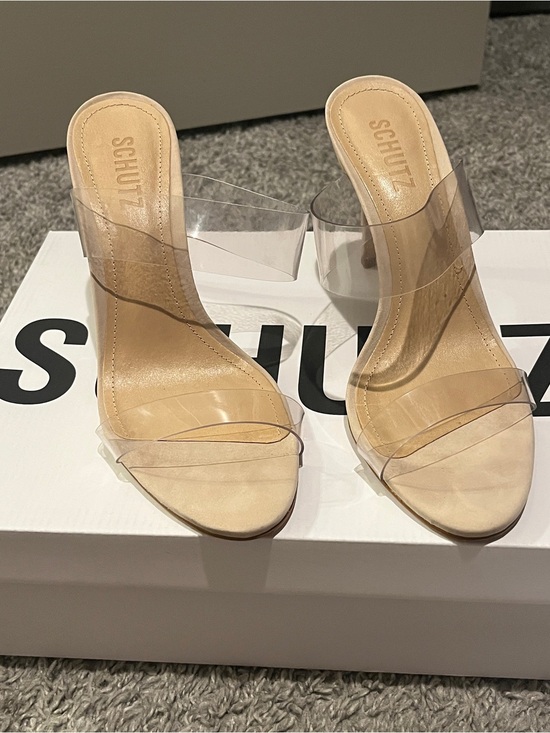 SCHUTZ Shoes - SCHUTZ Nude Clear-Strap Mule Heels